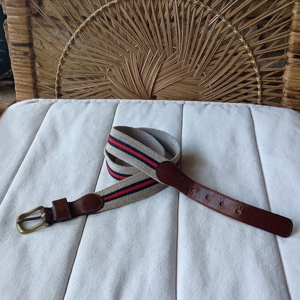 Coach Beige Wool & Leather Belt with Red and Navy Stripes and Brown Leather